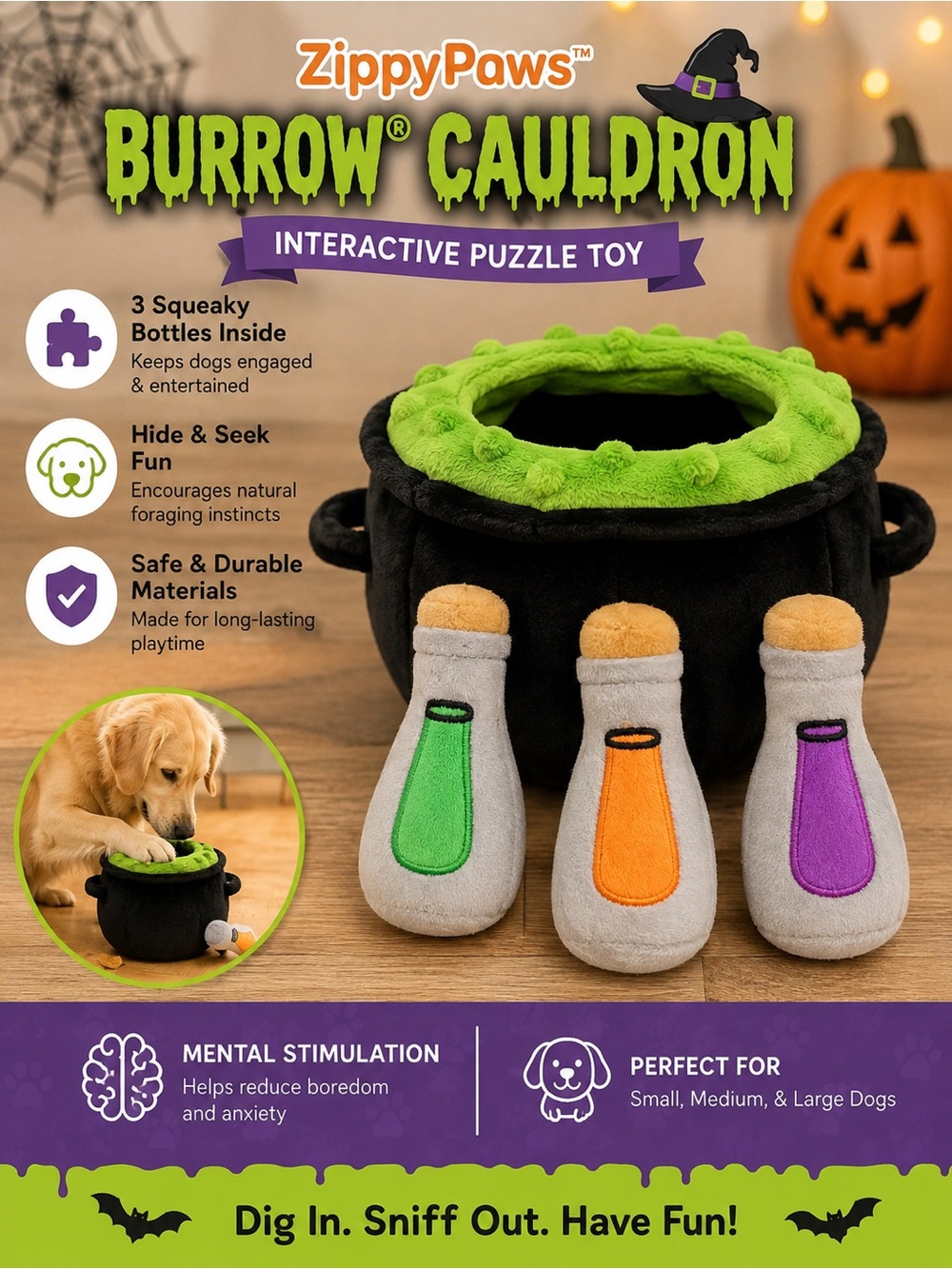 ZippyPaws Burrow Cauldron Interactive Dog Toy - Black & Green